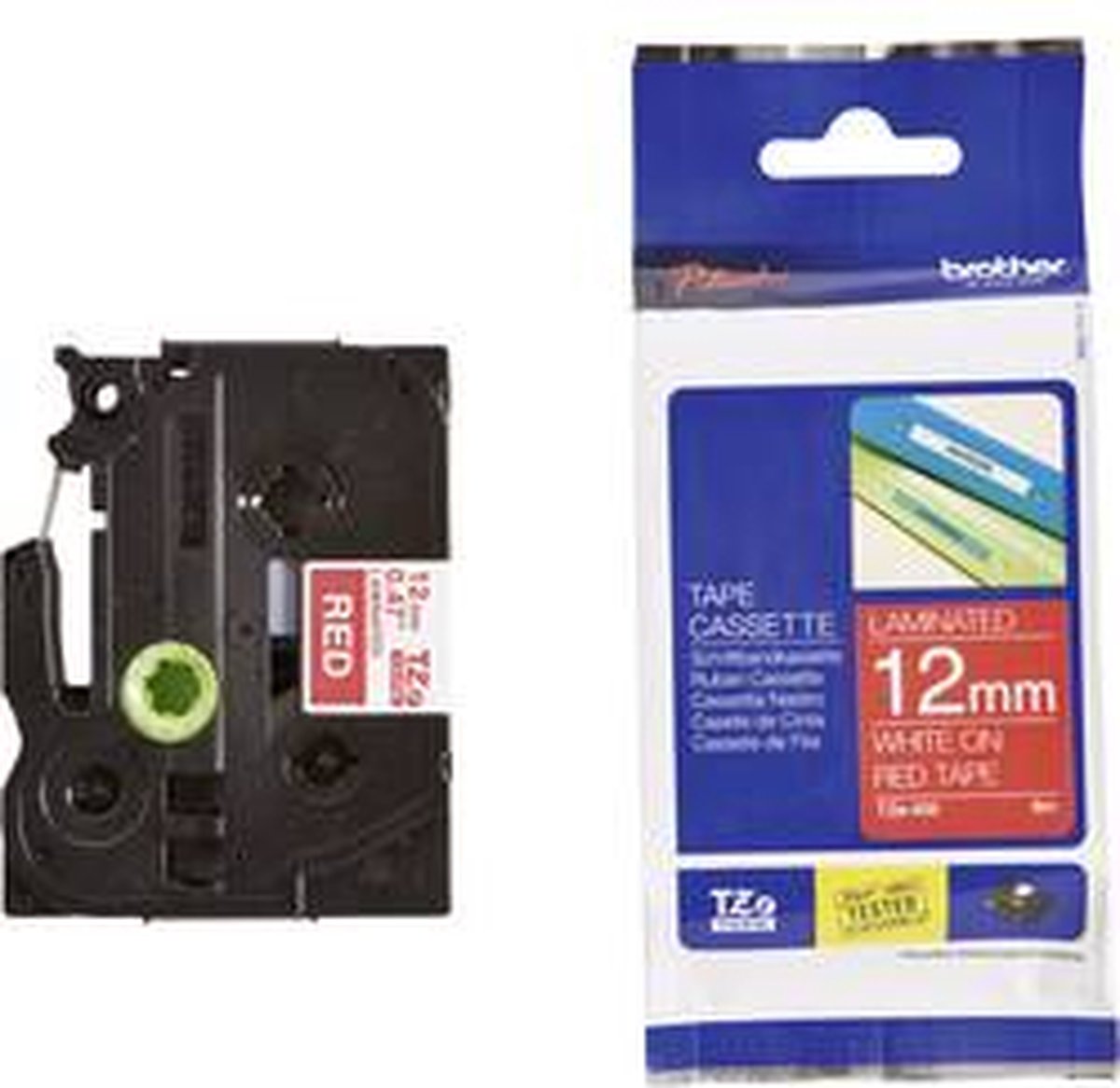 Brother Gloss Laminated Labelling Tape - 12mm, White/Red