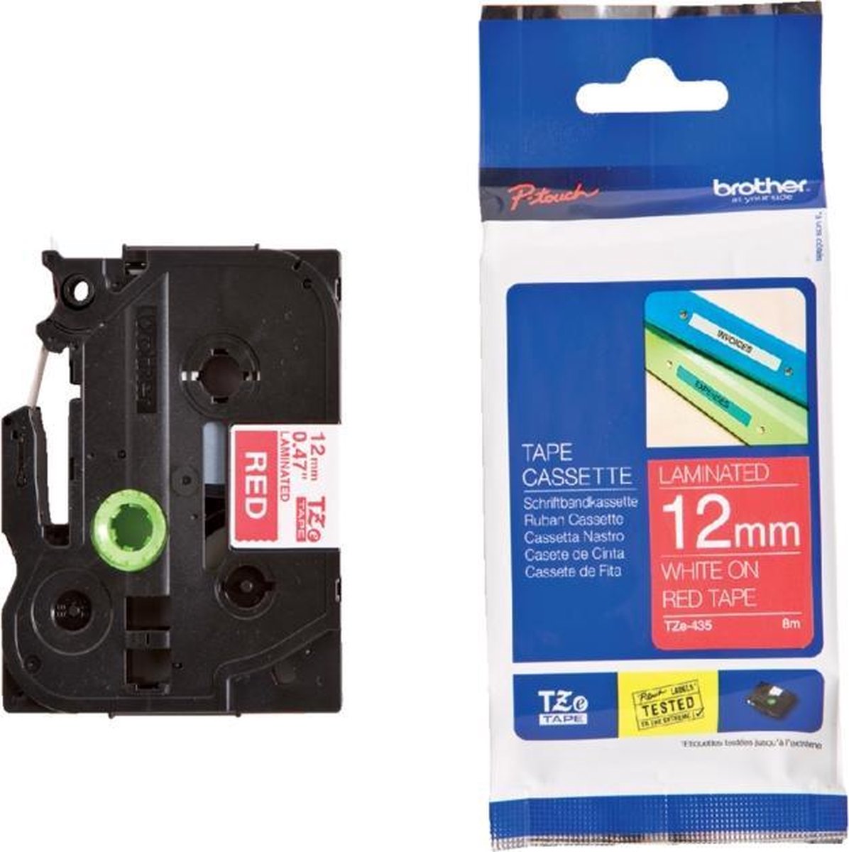 Brother Gloss Laminated Labelling Tape - 12mm, White/Red