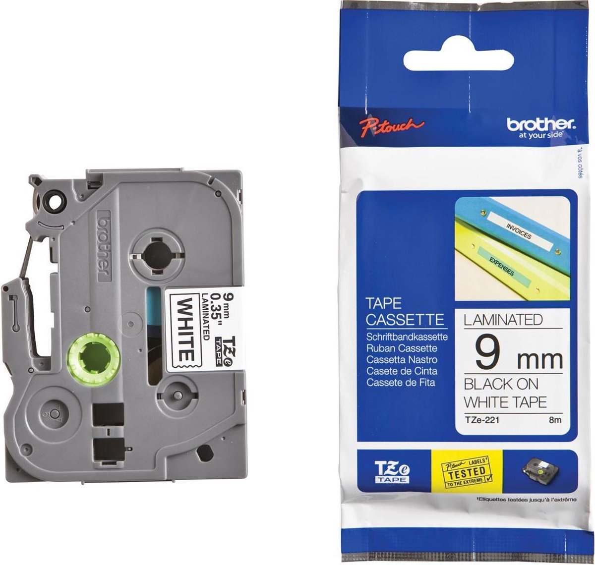 Brother TZ-221 9mm - black on white - laminated8m - Zwart