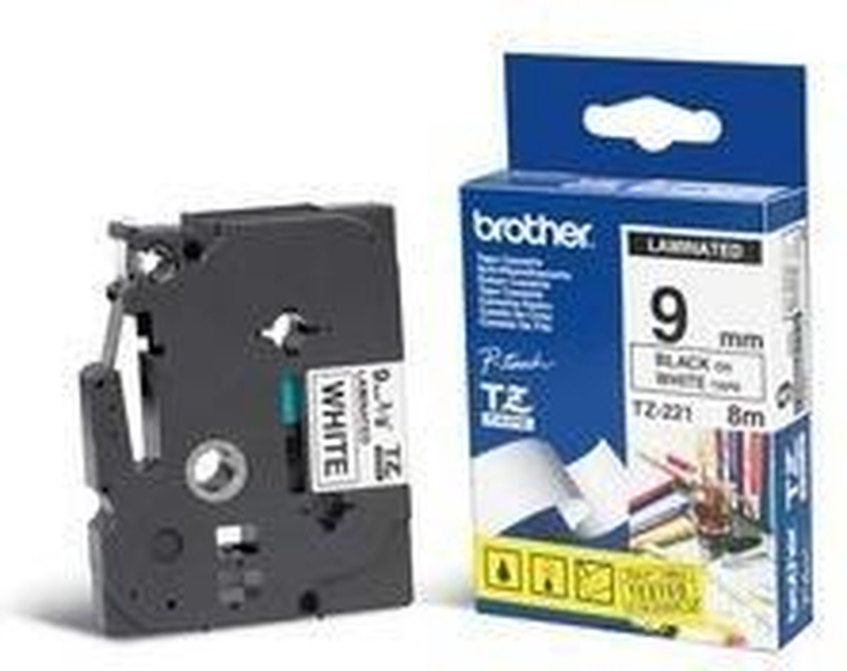 Brother TZ-221 9mm - black on white - laminated8m - Zwart