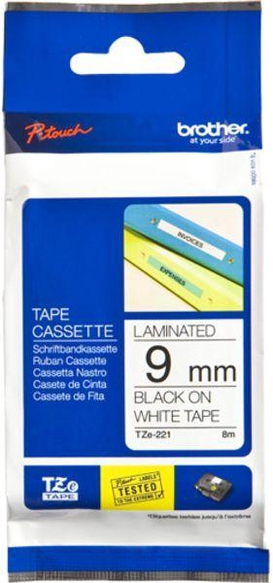 Brother TZ-221 9mm - black on white - laminated8m - Zwart