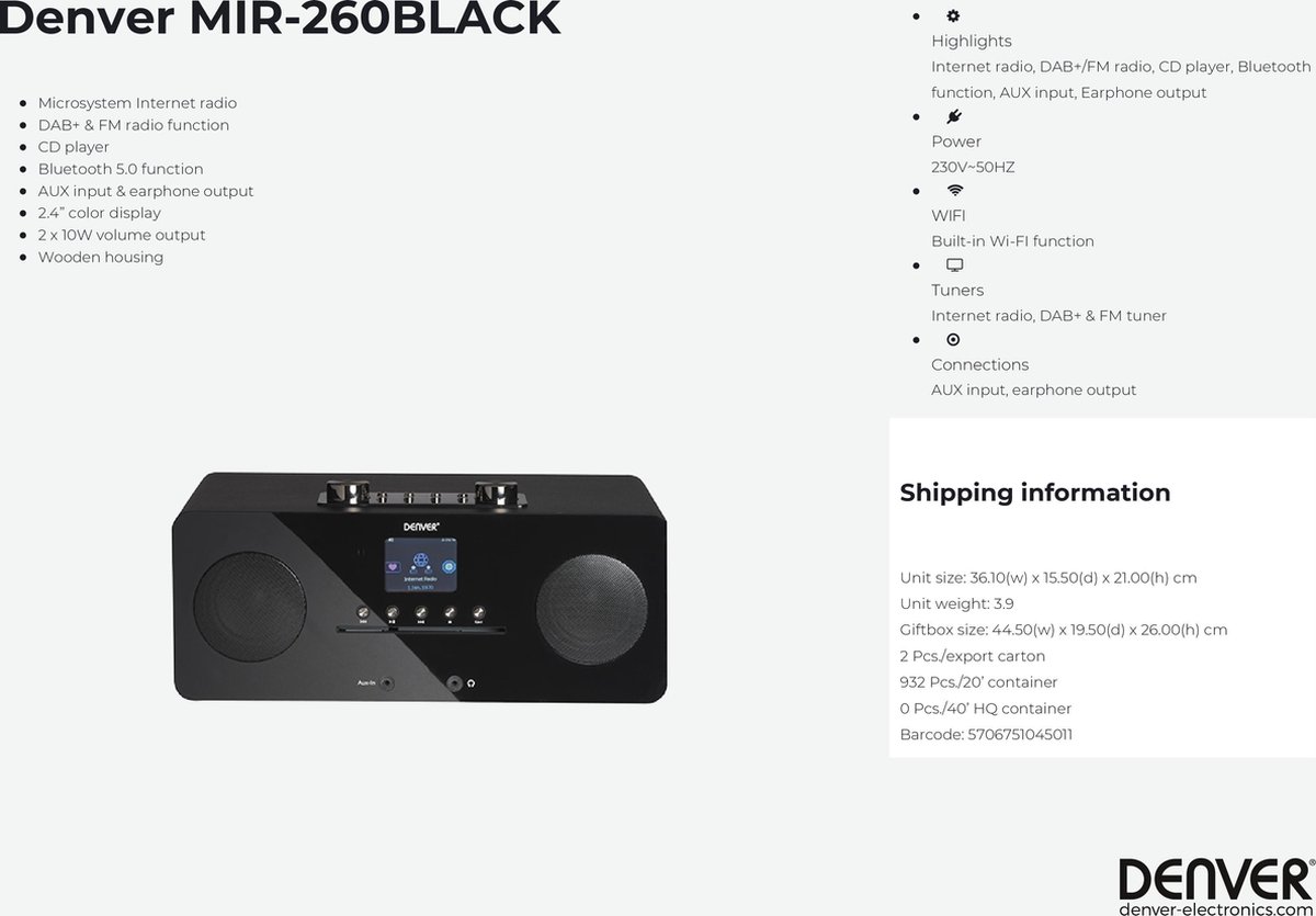 Denver MIR-260BLACK radio Internet Analoog & digitaal - Zwart