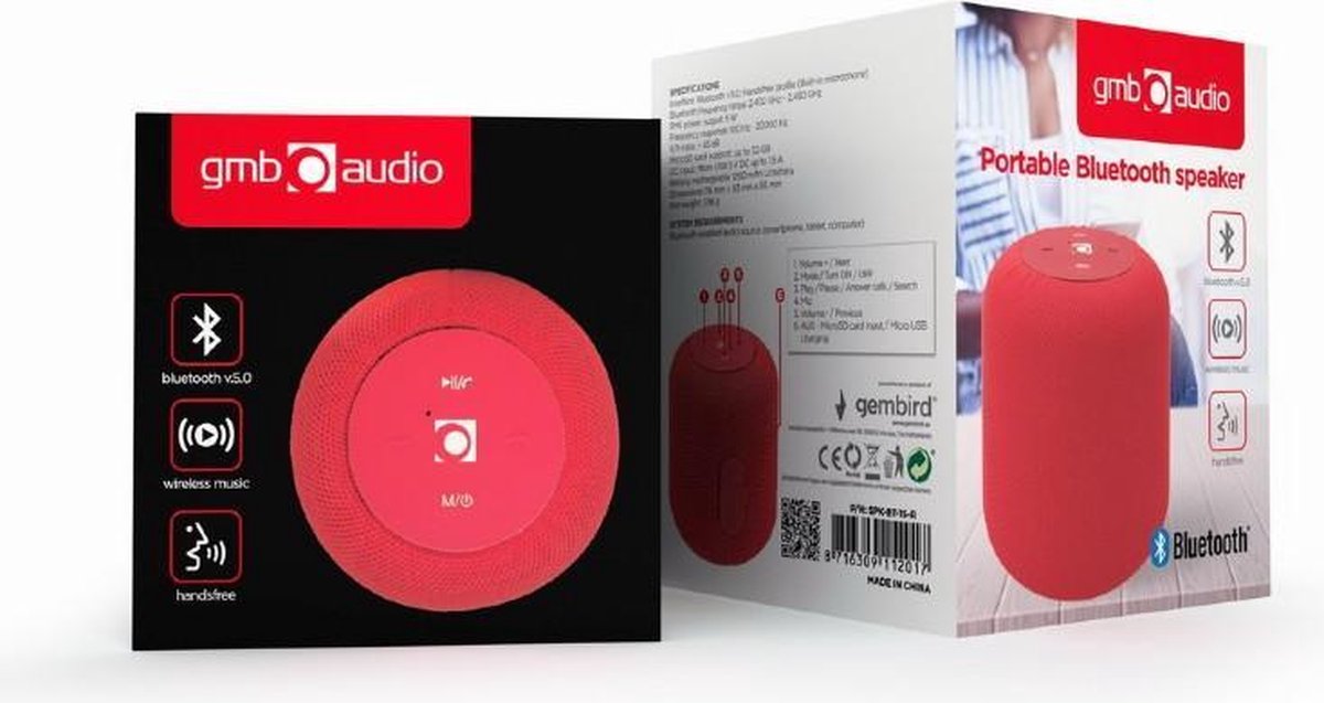 Gembird SPK-BT-15-R draagbare luidspreker 5 W Mono draadloze luidspreker - Rood