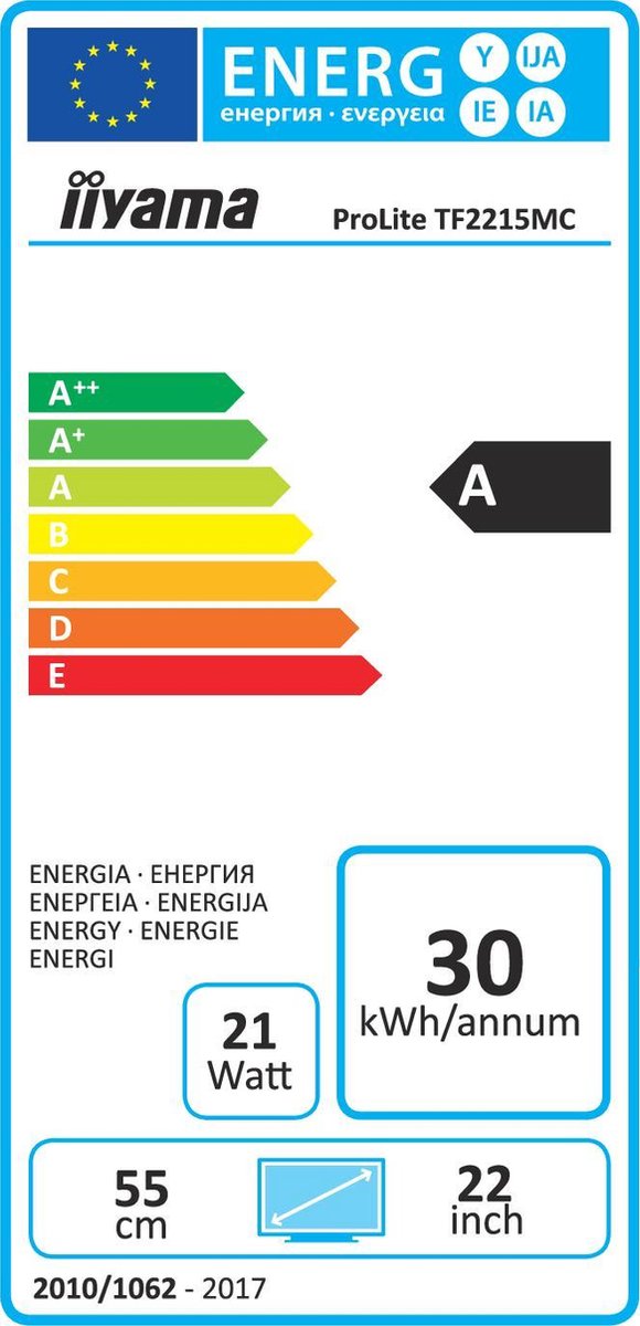 iiyama ProLite TF2215MC-B2 touch screen-monitor 54,6 cm (21.5 ) 1920 x 1080 Pixels Multi-touch - Zwart