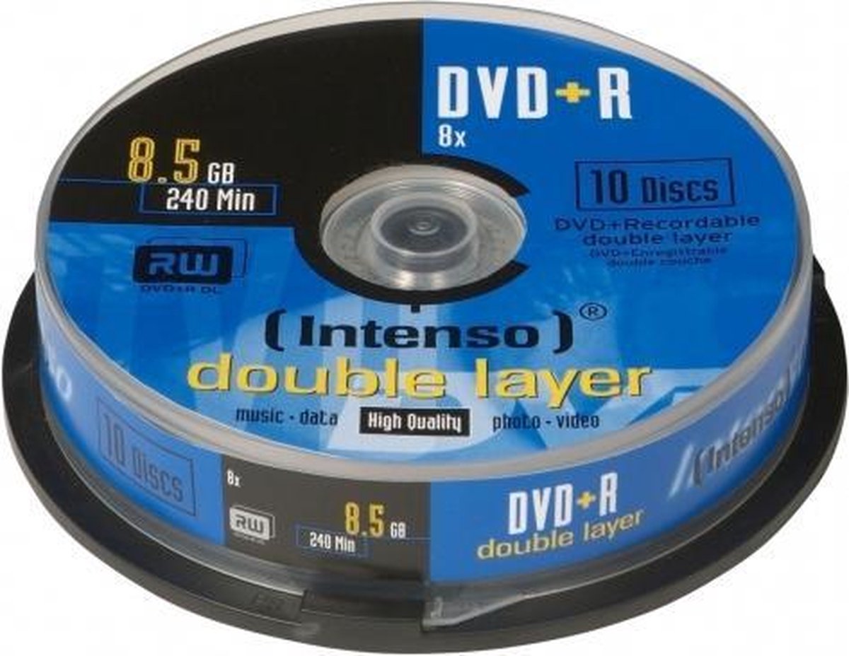 Intenso 1x10 DVDR 8.5GB 8x Speed. dubbel laags Cakebox