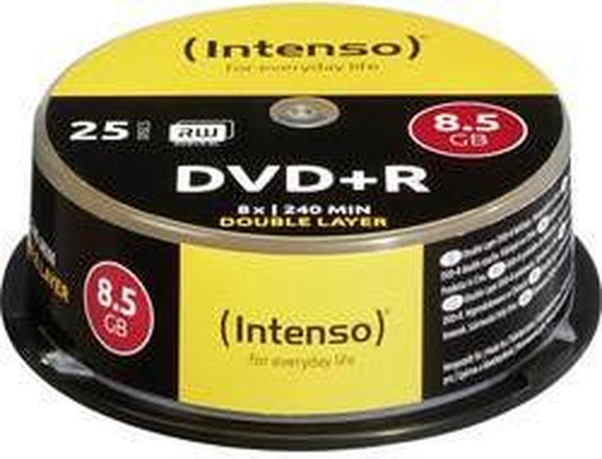 Intenso 1x25 DVDR 8.5GB 8x Speed. dubbel laags Cakebox