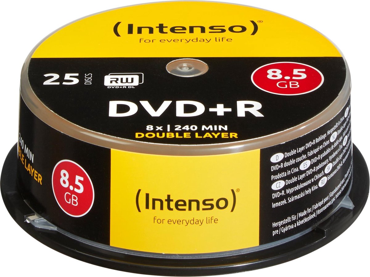 Intenso 1x25 DVDR 8.5GB 8x Speed. dubbel laags Cakebox