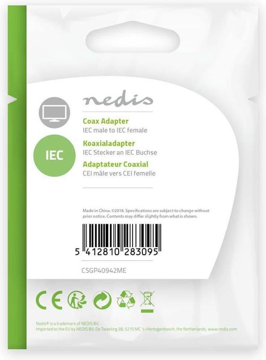 Nedis Coaxadapter | IEC (Coax) Male - IEC (Coax) Female | Metaal [CSGP40942ME]