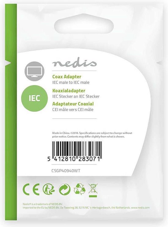 Nedis Coaxadapter | IEC (Coax) Male - IEC (Coax) Male | [CSGP40940WT] - Wit