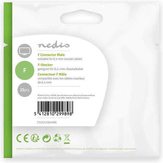 Nedis F-connector | Mannelijk | Voor 6,4mm-coaxkabels | 25 stuks | Metaal