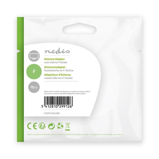 Nedis Satelliet- en antenne-adapter | Coax male - F female | 10 stuks | Metaal [CSGP41954ME]