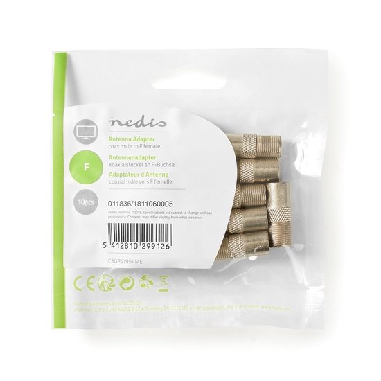 Nedis Satelliet- en antenne-adapter | Coax male - F female | 10 stuks | Metaal [CSGP41954ME]