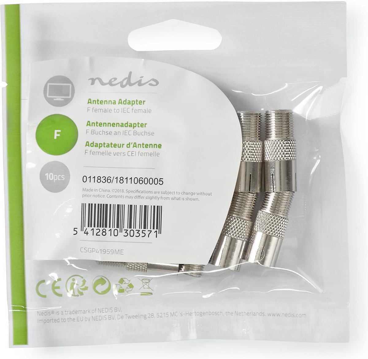 Nedis Satelliet- en Antenne-Adapter | F Female - IEC (Coax) Female | 10 Stuks | Metaal