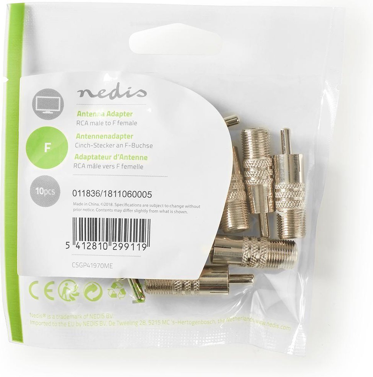 Nedis Satelliet- en antenne-adapter | F male - F female | 10 stuks | Metaal [CSGP41970ME]