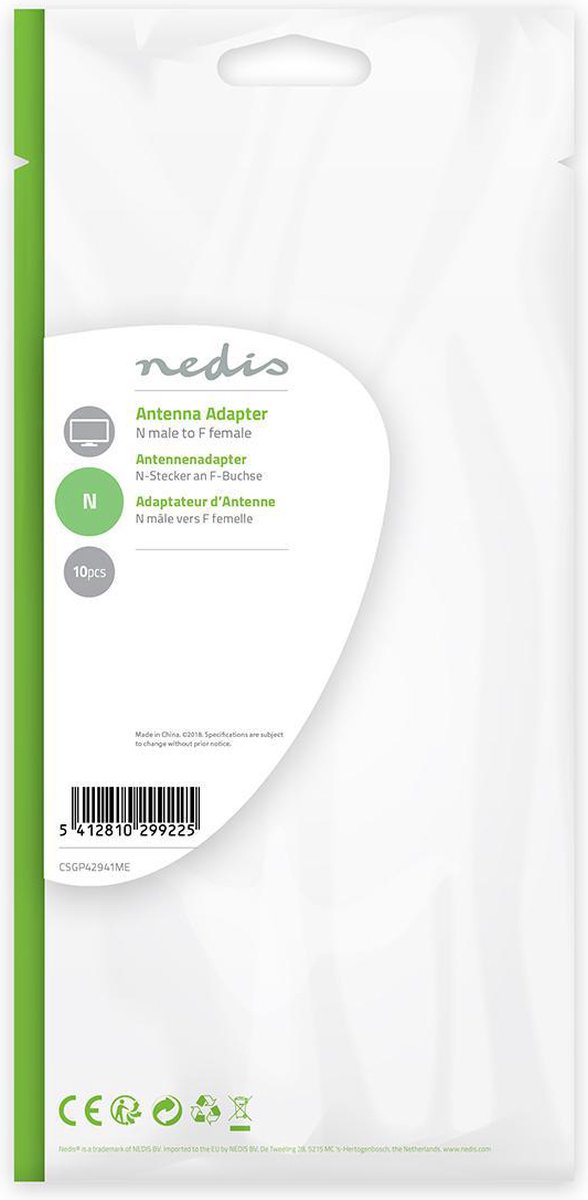 Nedis Satelliet- en antenne-adapter | N male - F female | 10 stuks | Metaal