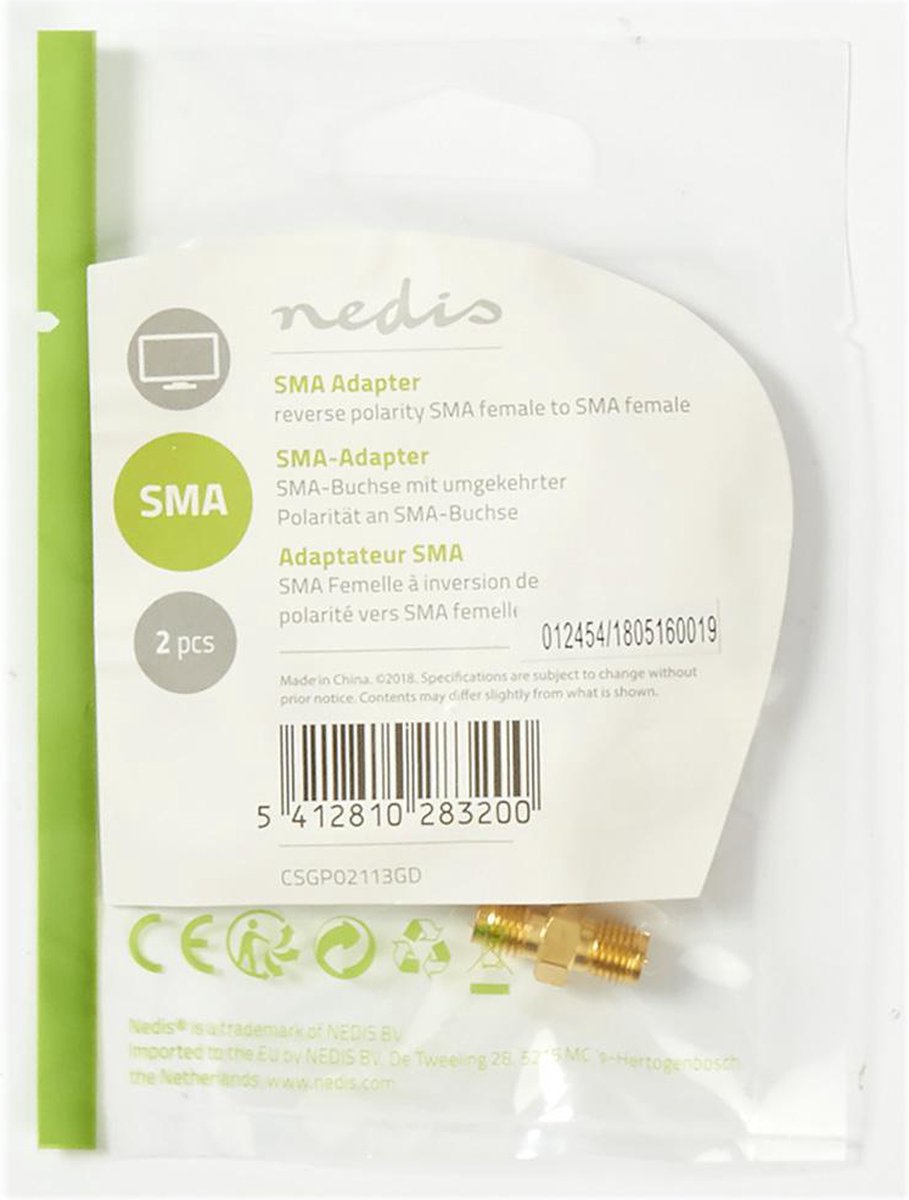 Nedis SMA-Adapter | SMA Female (Omgekeerde Polariteit) - SMA Female | 2 Stuks | - Goud