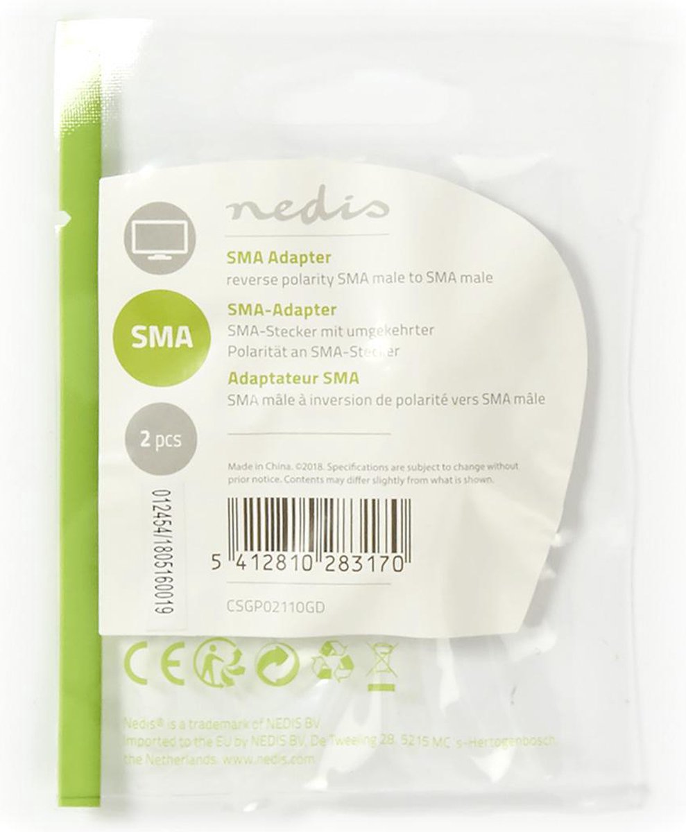 Nedis SMA-Adapter | SMA Male (Omgekeerde Polariteit) - SMA Male | 2 Stuks | - Goud