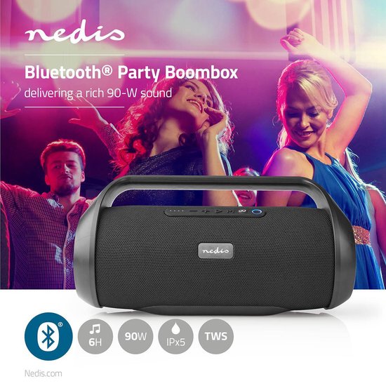 Nedis Party-Boombox | 12 Uur Speeltijd | Bluetooth® | TWS | Handvat | - Zwart