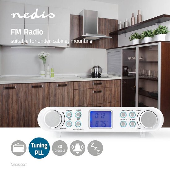 Nedis FM-Radio | Keukenradio Onderbouw | 30 Voorkeurstations | Display met Automatische Dimmer | - Wit