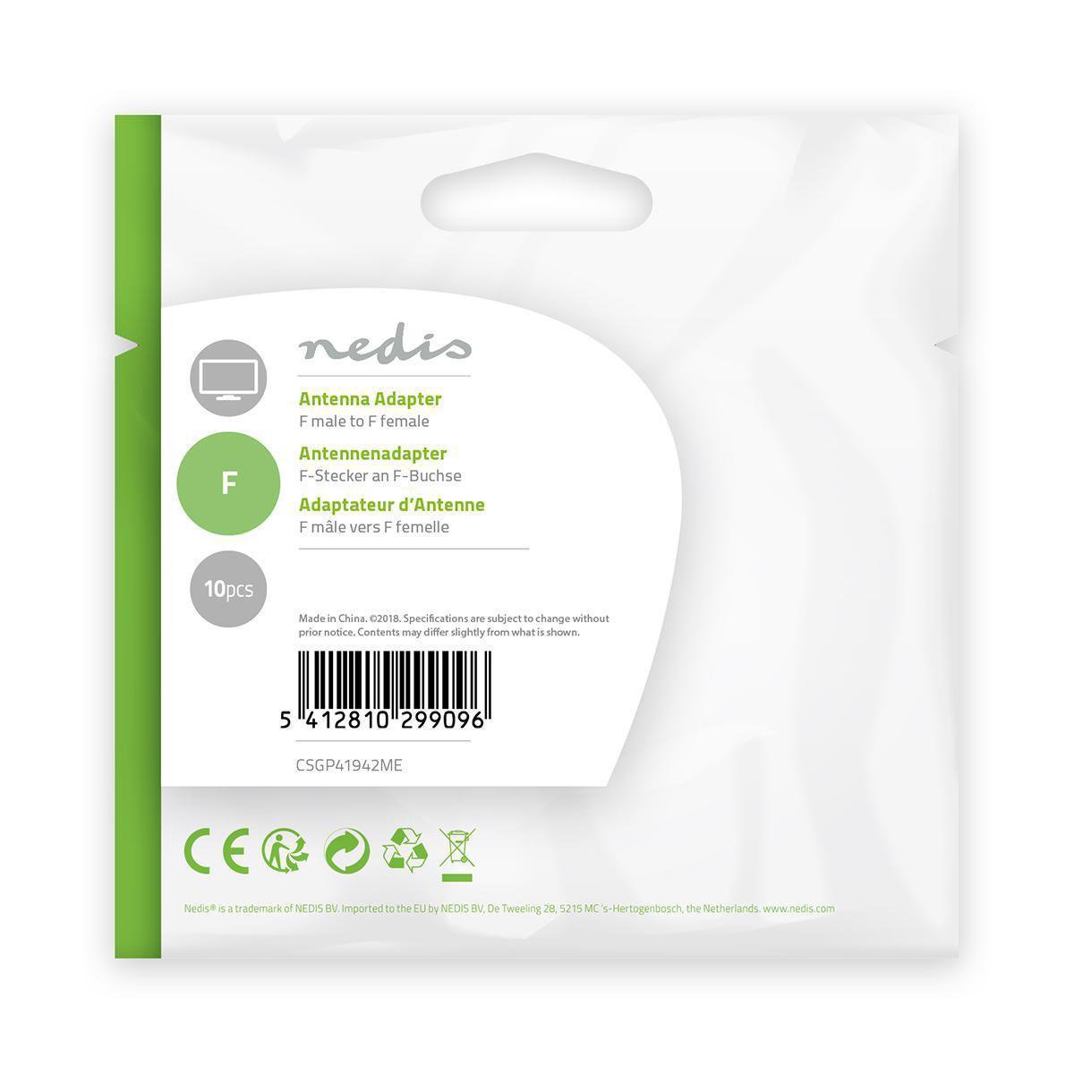 Nedis Satelliet- en antenne-adapter | F male - F female | 10 stuks | Metaal [CSGP41942ME]