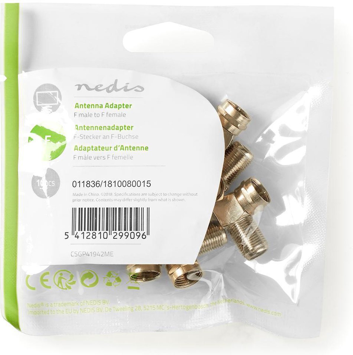 Nedis Satelliet- en antenne-adapter | F male - F female | 10 stuks | Metaal [CSGP41942ME]