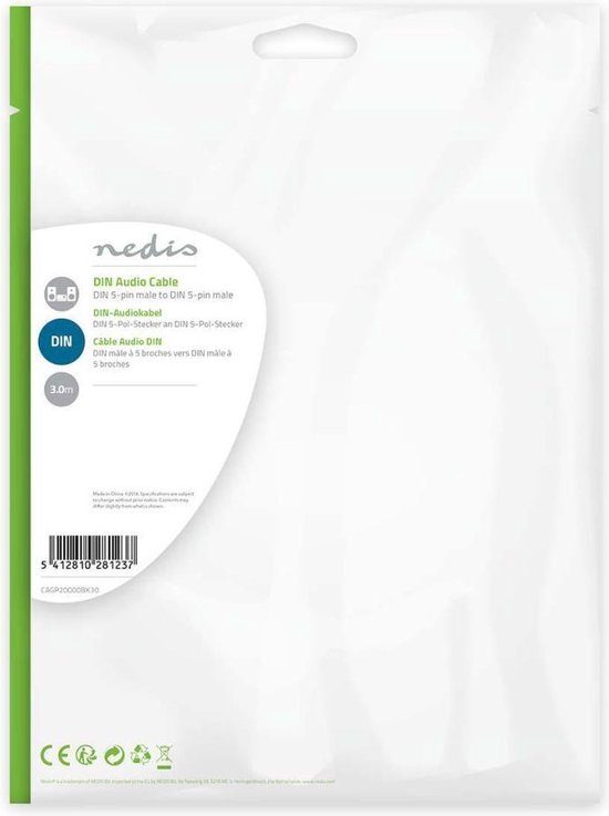 Nedis DIN-Audiokabel | DIN 5-Pins Male - DIN 5-Pins Male | 3,0 m | - Zwart
