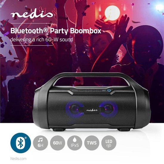 Nedis Party-Boombox | 9 Uur Speeltijd | Bluetooth® | TWS | Party-Lichten | - Zwart