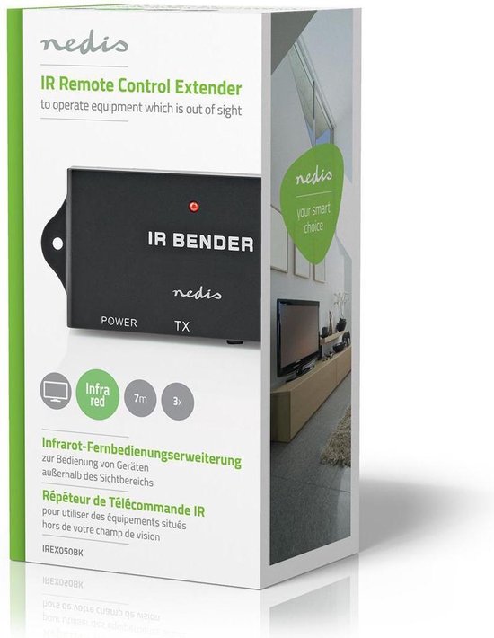 Nedis IR-Extender voor Afstandsbedieningen | 30 - 60 KHz | Voor 3 Apparaten | 7,0 m Bereik | - Zwart
