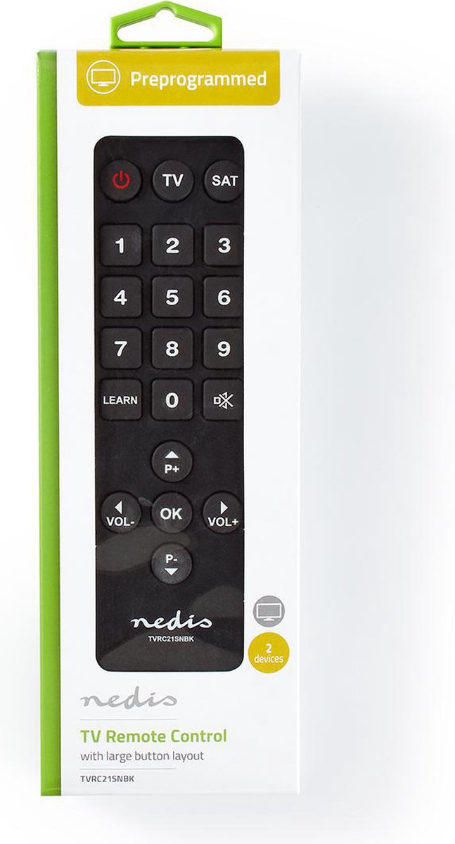 Nedis Universele Afstandsbediening | Grote Knoppen | Voorgeprogrammeerd | Bedient 2 Apparaten - Zwart