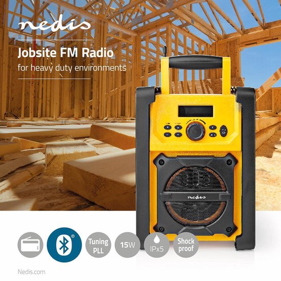 Nedis FM-Bouwradio | 15 W | Bluetooth® | IPX5 | Handvat | Geel / - Zwart