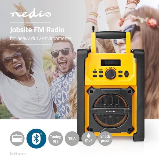 Nedis FM-Bouwradio | 15 W | Bluetooth® | IPX5 | Handvat | Geel / - Zwart