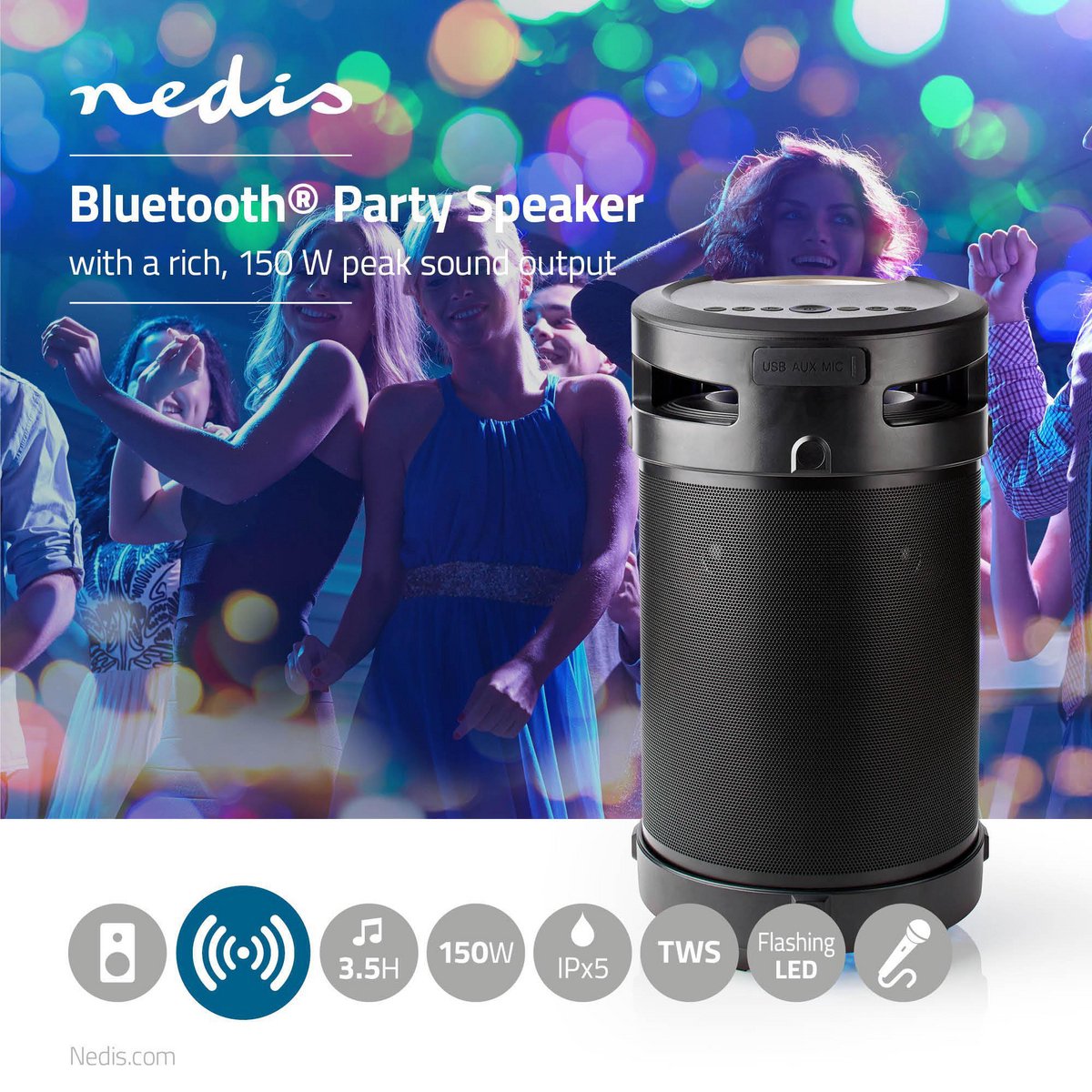Nedis Bluetooth® feestluidspreker | 3,5 uur gebruiksduur | 150 W | IPX5-waterdicht | TWS | Handgreep | Fe - Zwart