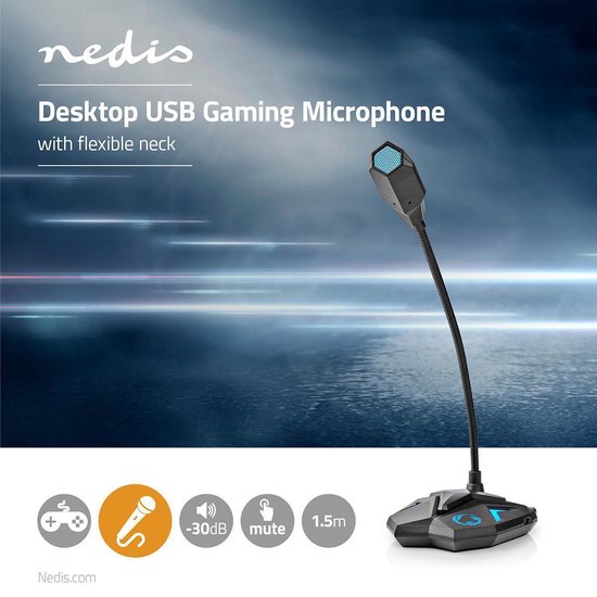 Nedis Desktop Gaming-Microfoon | Flexibele Nek | USB | Mute-Knop | 3,5 mm Stereo-Audioconnector - Zwart