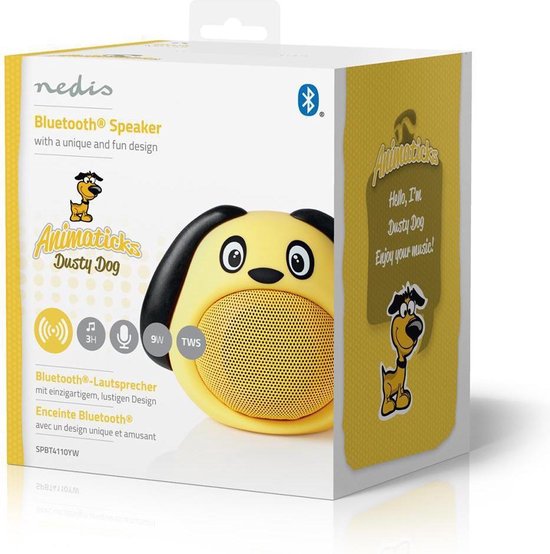 Nedis Animaticks Bluetooth Speaker | 3 uur Speeltijd | Handsfree bellen | Dusty Dog - Geel