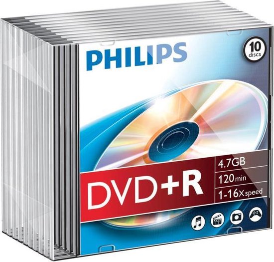 Philips DVD+R 4.7GB 16xspeed slim case 10 stuks
