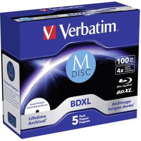 Verbatim 5 stuks verpakking M-Disc BD-R Blu-Ray 100GB 4x Speed inkjet print. JC