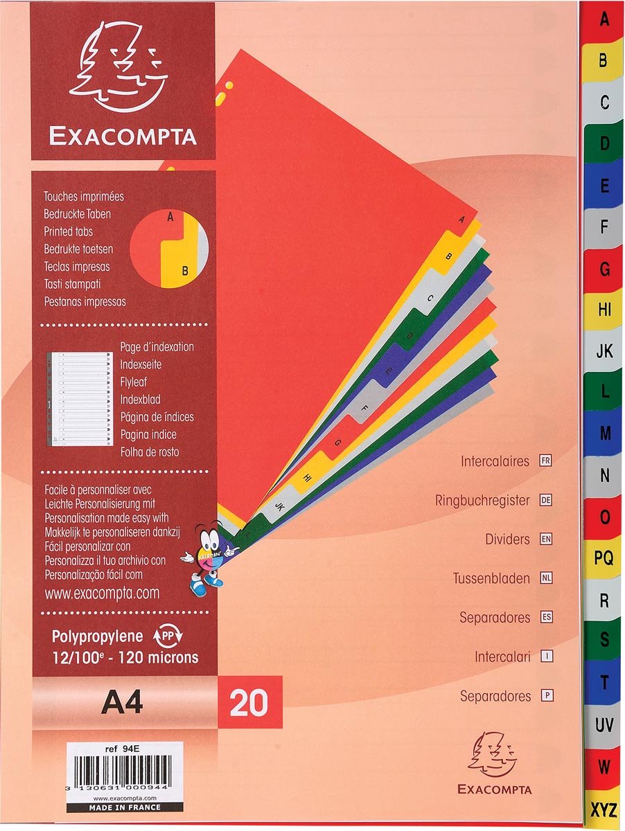 Exacompta Tabblad 20 st. bedrukte tabs gekleurd pp 20 tabs A tot Z A4