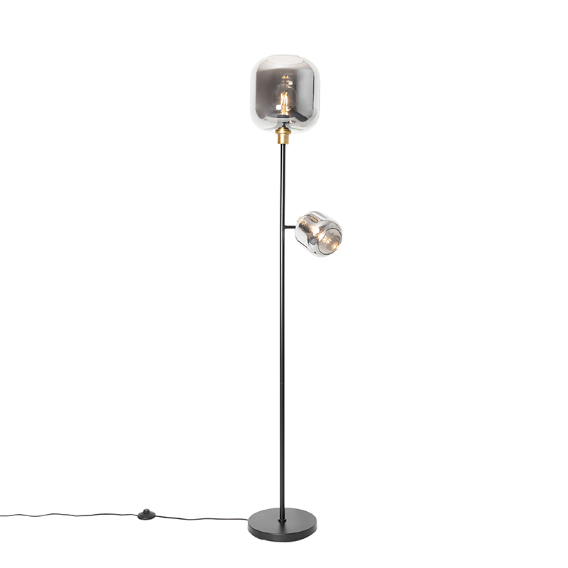 QAZQA Vloerlamp zwart met goud met smoke glas 2-lichts - Zuzanna - Grijs