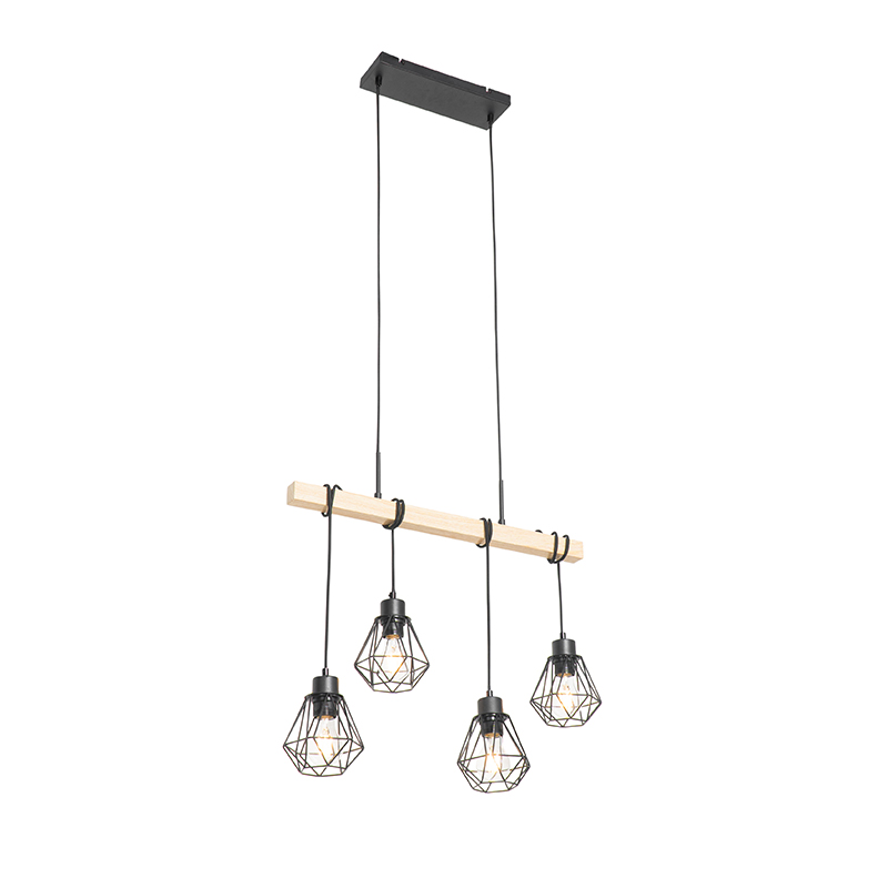 QAZQA Landelijke hanglamp met hout 4-lichts - Chon - Zwart