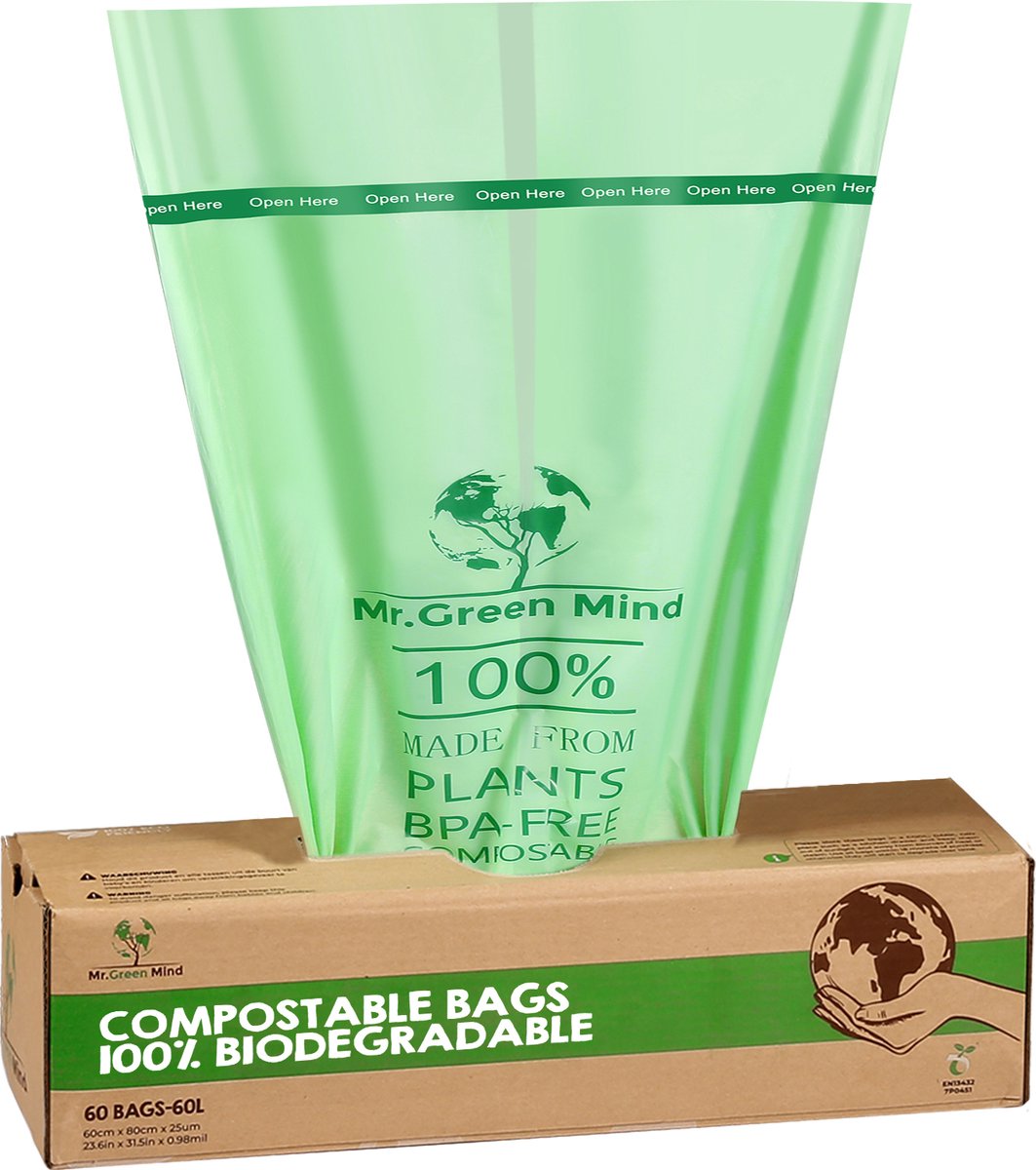 Mr. Green Mind 100% Biologische Afvalzakken 50/60 Liter 60 Stuks - Incl. Dispenser - Groen