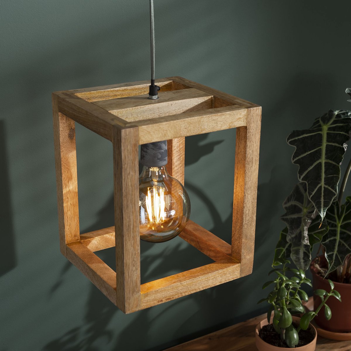 Hoyz - Hanglamp - 1x Mango Houten Frame - Hanglamp - 25x25 Cm - Bruin