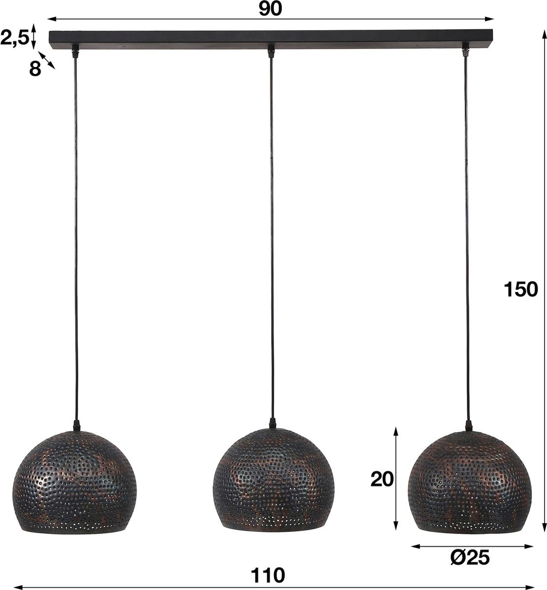 Hoyz - Hanglamp - 3xø25 Half Ronde Metalen Hanglampen - Transpart - Zwart