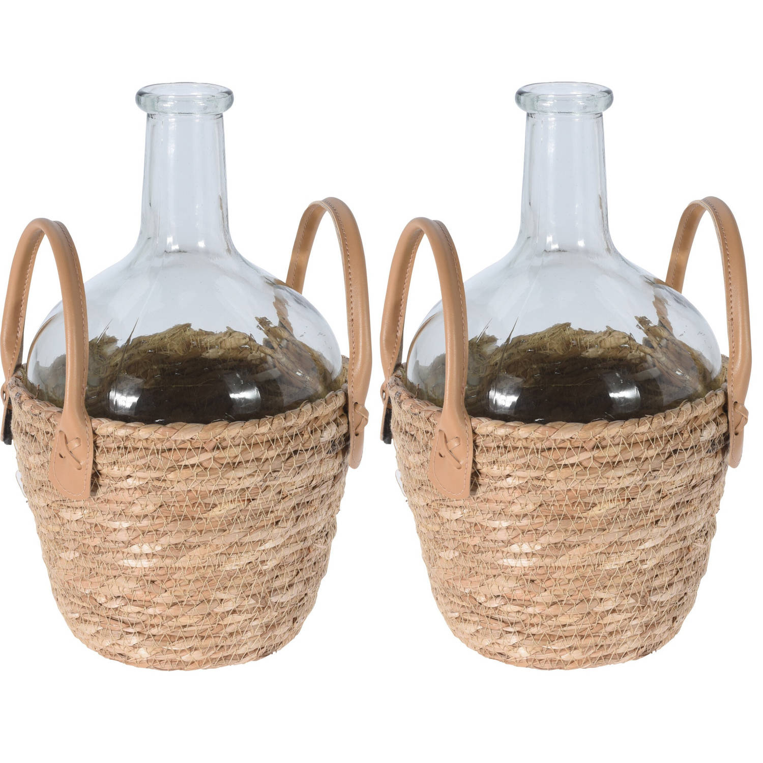 Set Van 2x Stuks Flesvaas Glas Transparant Met Gevlochten Rieten Mand 20 X 31 Cm - Vazen