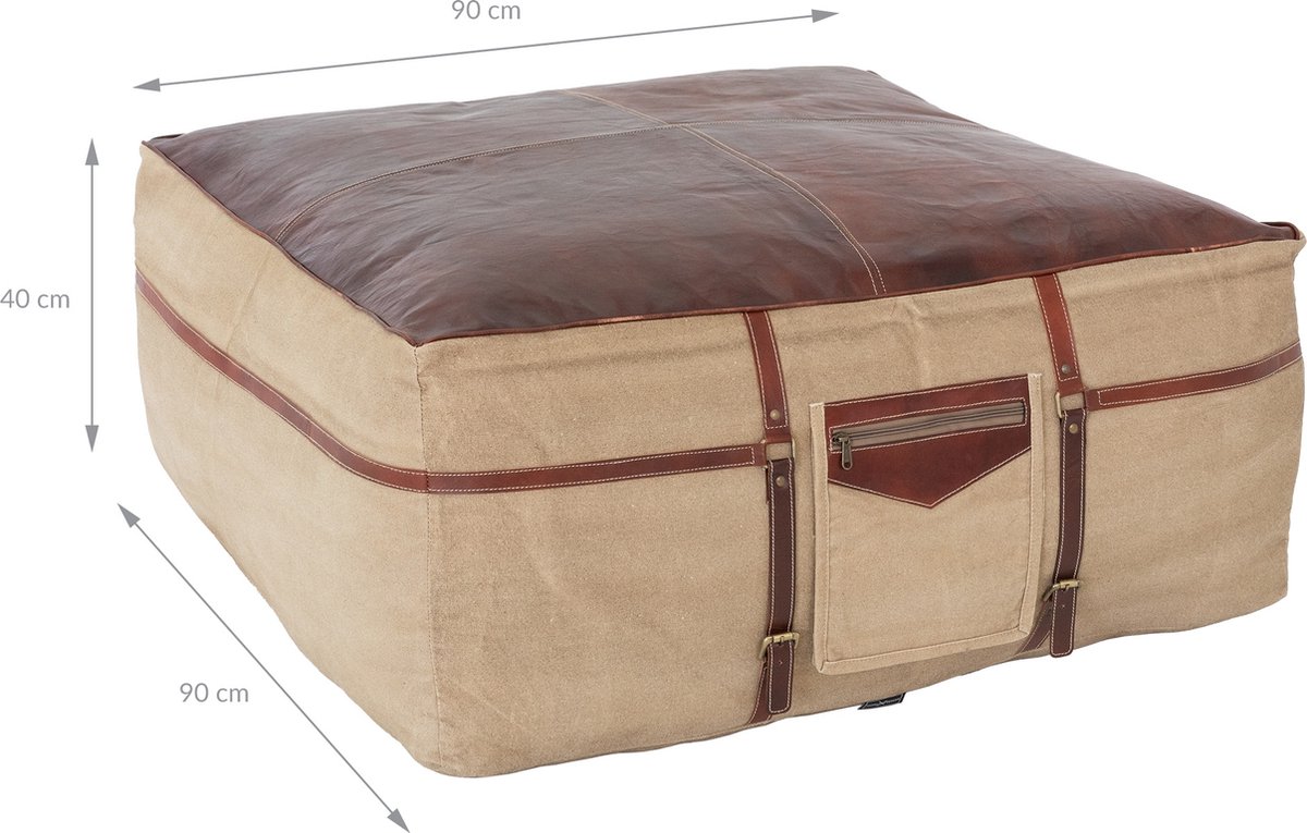 Zitpoef Xxl 90x40x90 Cm Bruin/beige Leer Met Katoenen Vulling Womo-design