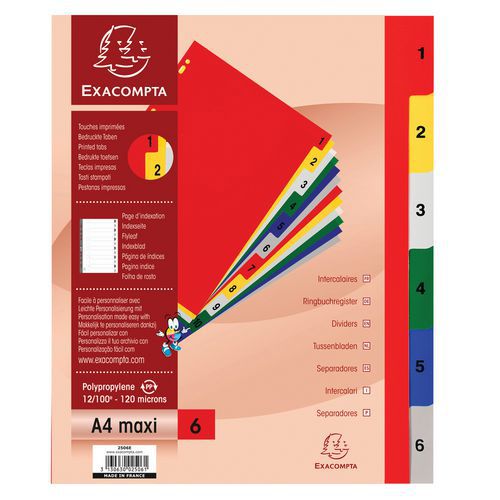 Exacompta Tabblad 20 st bedrukte tabs gekleurd pp 1 tot 6 A4