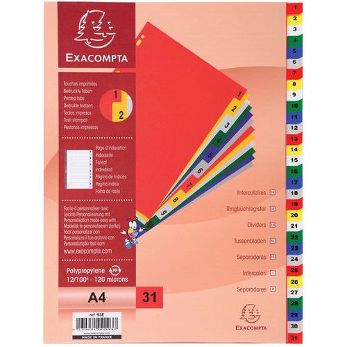 Exacompta Tabblad 20 st bedrukte tabs gekleurd pp 31 tabs 1 tot 31 A4