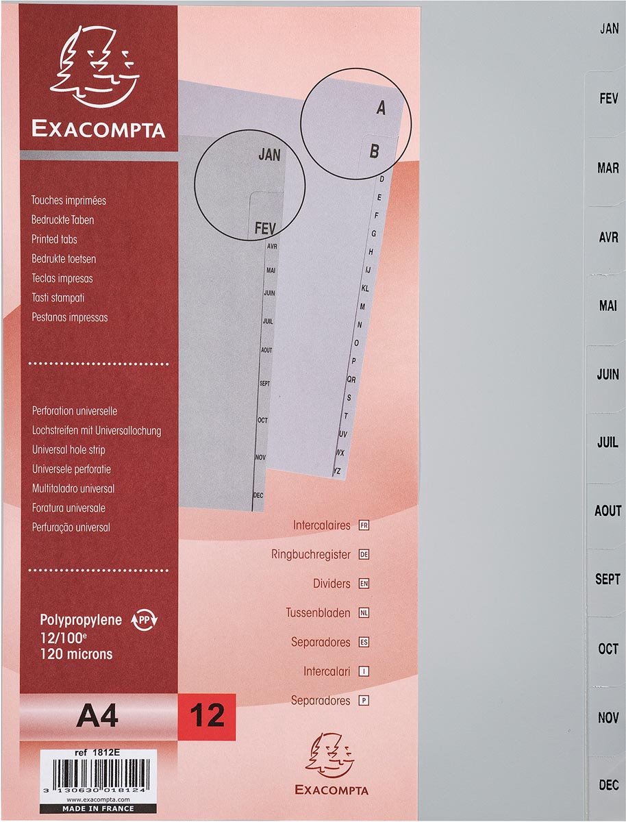 Exacompta Tabblad bedrukt tabs grijs pp 12 tabs jan/dec A4