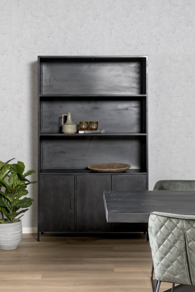 Livingfurn - Kabinetkast Kala - 40x120x200 - Mangohout En Gecoat Staal - Zwart