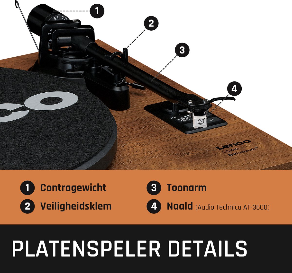 Lenco Platenspeler Met Ingebouwde Versterker En Bluetooth® Plus 2 Externe Speakers Ls-480wd Hout