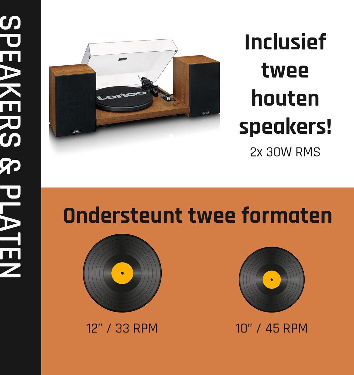Lenco Platenspeler Met Ingebouwde Versterker En Bluetooth® Plus 2 Externe Speakers Ls-480wd Hout
